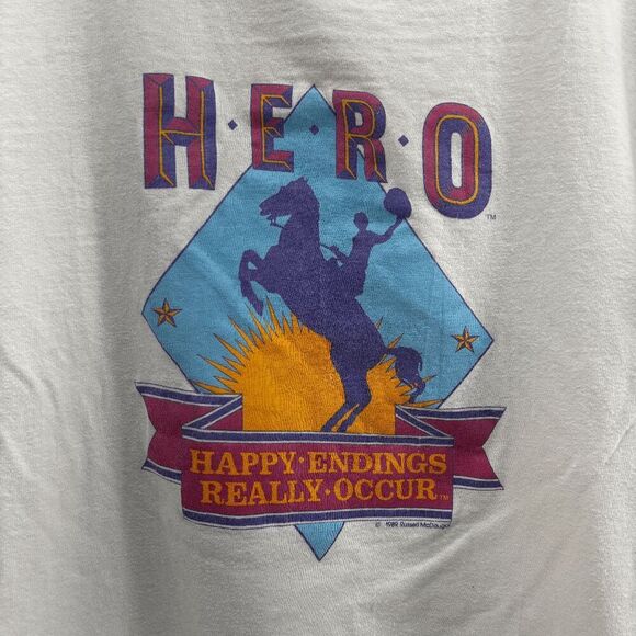 Vintage 80s Cowboy Bronco HERO Happy Endings Really Occur Shirt Mens Large - Picture 1 of 7